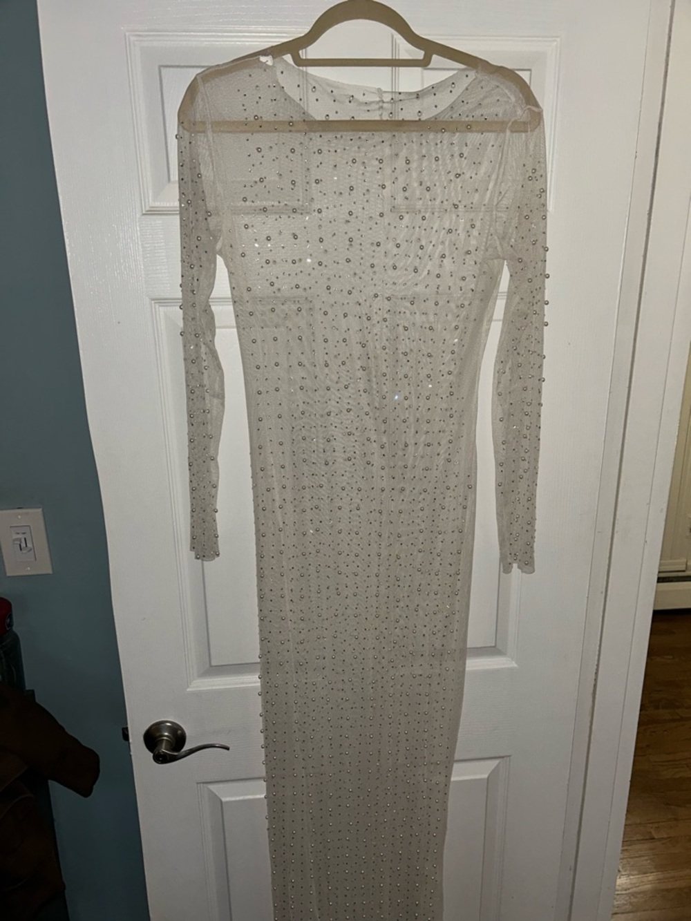 BNWOT Elegant Sheer Long-Sleeve Embellished Maxi Dress in Ivory. Sz Lg
